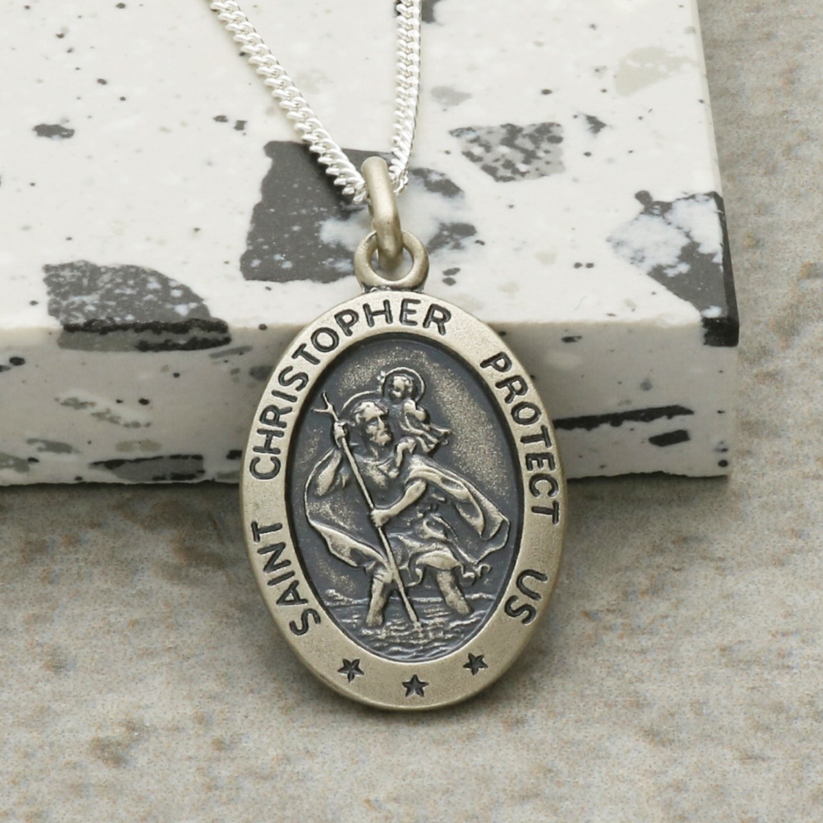 Sterling Silver St Christopher Pendant Necklace – 18" Curb Chain, Oval Medal | 925 Silver